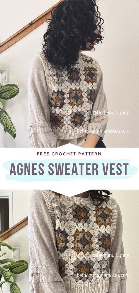 Crochet Granny Square Sweater Vest Pattern Free, Crochet Sweater Border Patterns, Crochet Granny Vest Pattern Free, Crochet Womens Vest, Crochet Vest Styling, Patchwork Vest Crochet, Crochet Ladies Vest Free Pattern, Easy Crochet Sweater Vest, Crochet Oversized Vest