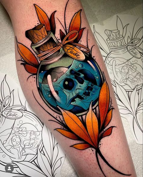 Neo Traditional Tattoo Design, Traditional Tattoo Filler, Neo Traditional Art, Neo Tattoo, Lantern Tattoo, Tattoo Apprenticeship, Bottle Tattoo, Tatuaje A Color, Traditional Tattoo Design