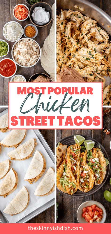 No need to have a food truck around to get the yumminess of Chicken Street Tacos for your dinner. These easy shredded chicken tacos are a great meal when you’re craving Mexican! Simple and healthy served up on corn tortillas, these are a real winner! #chicken #streettacos