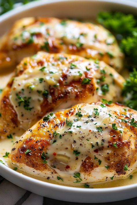 Baked Caesar Chicken Baked Caesar Chicken With Creamy Parmesan Sauce, Yummy Baked Chicken, Baked Caesar Chicken With Parmesan Sauce, Caesar Parmesan Chicken, Chicken Dishes For Company, Baked Chicken Caesar Recipe, Parmesan Caesar Chicken, Cesar Chicken Recipes, Chicken Ceaser Recipes