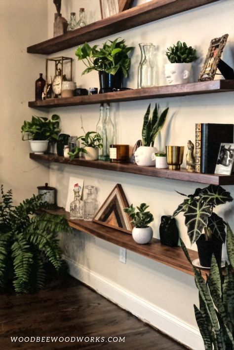 Dark Wood Floating Shelf, Floating Wood Shelves Office, Dark Wood Floating Shelves Living Room, Two Floating Shelves Bedroom, Diy Floating Shelves For Plants, Wall Shelf Plants Floating Shelves, Indoor Shelving Ideas, Walnut Wood Shelves, Floating Shelves Books And Plants