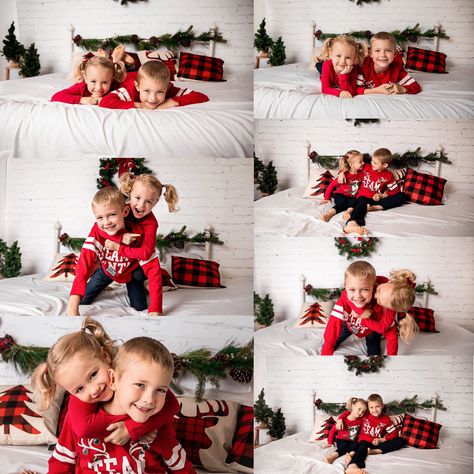 Sibling Christmas Photoshoot Ideas, Kids Indoor Christmas Pictures, Diy Christmas Photoshoot Siblings, Christmas Picture Poses For Kids, Christmas Picture At Home, Kid’s Christmas Photoshoot, Childrens Christmas Photo Shoot Ideas, Indoor Christmas Photoshoot Kids, Brother Sister Christmas Photoshoot