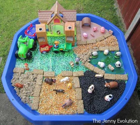 Old MacDonald Food Sensory Bin | The Jenny Evolution Old Mcdonald Had A Farm Sensory Activities, Food Sensory Bin, Farm Eyfs, Farm Small World, The Scarecrows Wedding, Farm Preschool Theme, Garden Sensory Bin, Nursery Rhyme Week, Preschool Farm Theme