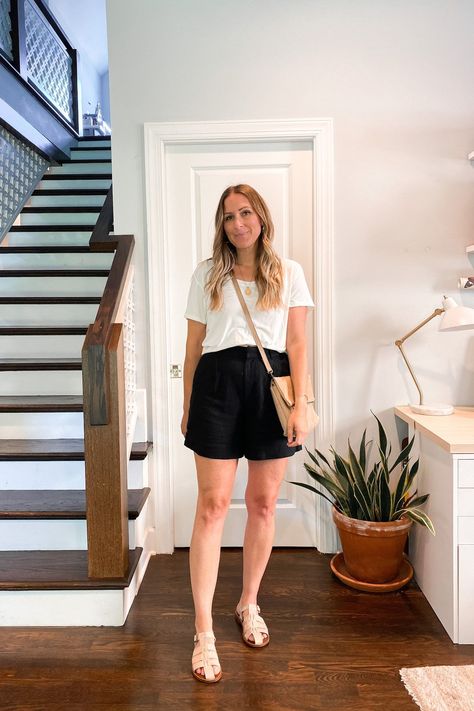 Neutral summer outfit with a white tee, black tailored shorts, and fisherman sandals. Michelle Tomczak Blog. White Sandals Outfit, Dressy Shorts Outfits, Tailored Shorts Outfit, Fisherman Sandals Outfit, Black Tailored Shorts, Neutral Summer Outfits, Casual Shorts Outfit, Sandals Outfit Summer, Black Shorts Outfit