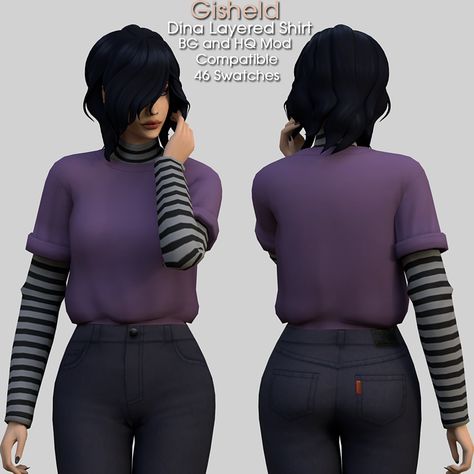 Sims 4 Wensday Adams, Sims 4 Longsleeve, Sims 4 Striped Shirt, Sims 4 Cc Goth, Cool Kidz, Tied Shirt, Purple Sweatshirt, Sims 4 Collections, Layered Shirts