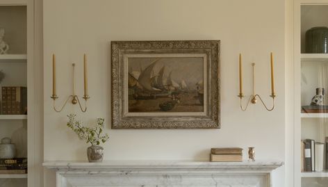 Park Hill Collection Home Decor, Art Above Couch With Sconces, Whimsical French Decor, Cozy Brownstone Interior, Brass Lamp Styling, Antique Brass Gallery Wall, Recessed Nook In Wall, Timeless Mantle Decor, Frame Tv Sconces