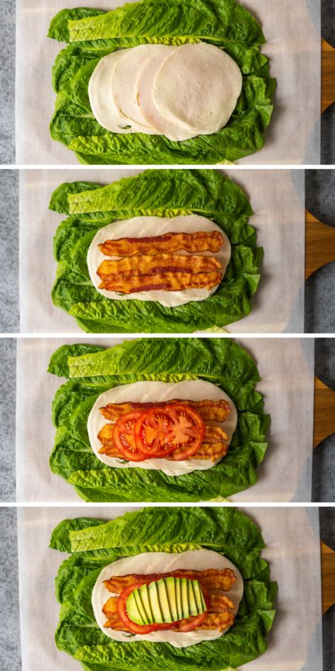 Use this No Bread Turkey Club method to make your favorite sandwich into a low carb sandwich. Make a no bread sandwich by rolling all of your favorite fillings into a romaine lettuce wrap. Lunch Meat Lettuce Wraps, Lettuce Sandwich Wraps Keto, How To Wrap A Lettuce Wrap, Keto Sandwich Ideas No Bread, Romain Lettuce Wraps, No Bread No Pasta Meals, How To Make A Lettuce Wrap, No Carb Sandwich Ideas, Breadless Sandwich Ideas