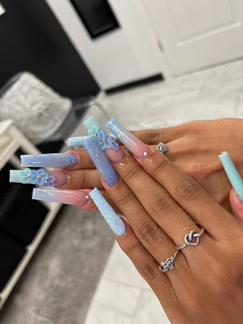 Light Blue Acrylic Nails Design Long, Long Light Blue Nails, Baby Blue Quince Nails, Blue Quinceanera Nails, Light Blue Quince Nails, Light Blue Nails With Rhinestones, Nails Quinceanera, Grabbers Nails, Nails Long Acrylic