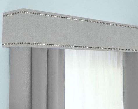 Pelmet Ideas, Cornice Boards Window Treatments, Box Valance, Grey Window Treatments, Pelmet Box, Curtain Pelmet, Coastal Green, Cornice Board, Window Cornices