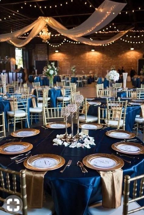 Navy Blue and Gold Wedding Ideas Navy Blue And Gold Wedding, Gold Table Setting, Blue Wedding Decorations, Blue Gold Wedding, Starry Night Wedding, Gold Wedding Colors, Rustic Wedding Decorations, Elegant Wedding Reception, Gold Wedding Theme