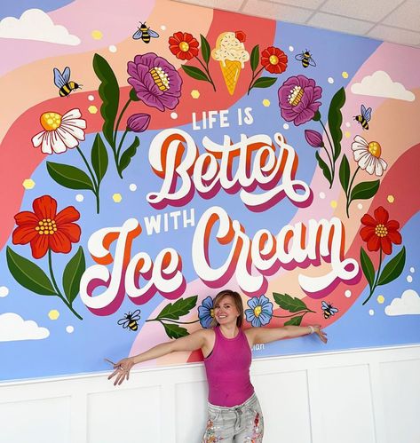 Olga Muzician Studio | Lettering, Murals (@olgamuzician) • Instagram photos and videos Ice Cream Mural, Instagram Photo Wall, Food Mural, Library Mural, Woodland Mural, Mural Cafe, Instagram Wall, Chalkboard Lettering, Mural Ideas