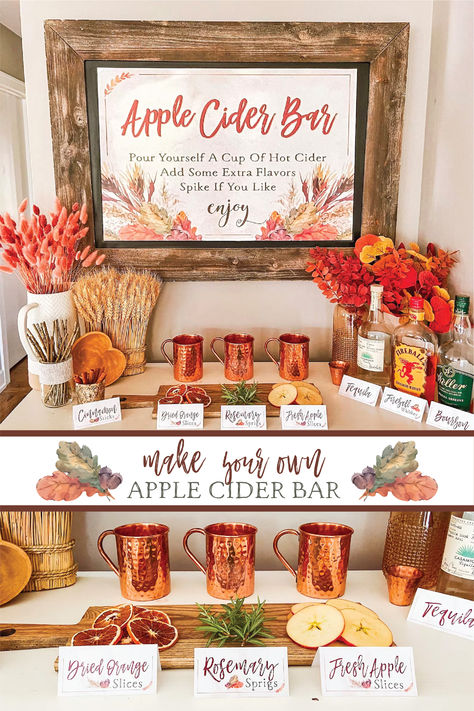 Fall Coffee Bar Ideas Party, Pumpkin Engagement Party, Fall Banquet Ideas, Elegant Fall Party Decor, Fall Themed Mimosa Bar, Hot Apple Cider Bar Ideas Fall, Fall Baby Shower Apple Cider Bar, Fall Cider Bar, Fall Apple Cider Bar