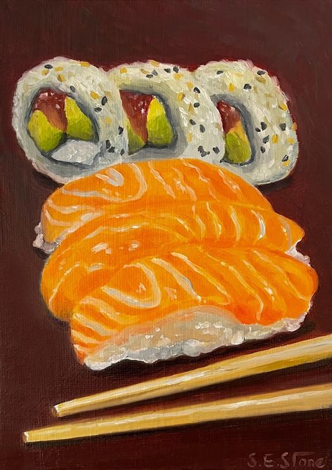 art, oil painting, oil on canvas, food painting, still life, realism, kitchen art, wall art, art deco, oil painting of sushi, still life paintings, food oil painting, handmade artwork, sushi and chopsticks, art in oil Food Painting Oil Pastel, Sushi Oil Painting, Japanese Food Painting, Sushi Painting Acrylic, Chinese Food Painting, Food To Paint, Culinary Paintings, Food Oil Pastel Drawing, Painting Ideas On Canvas Food