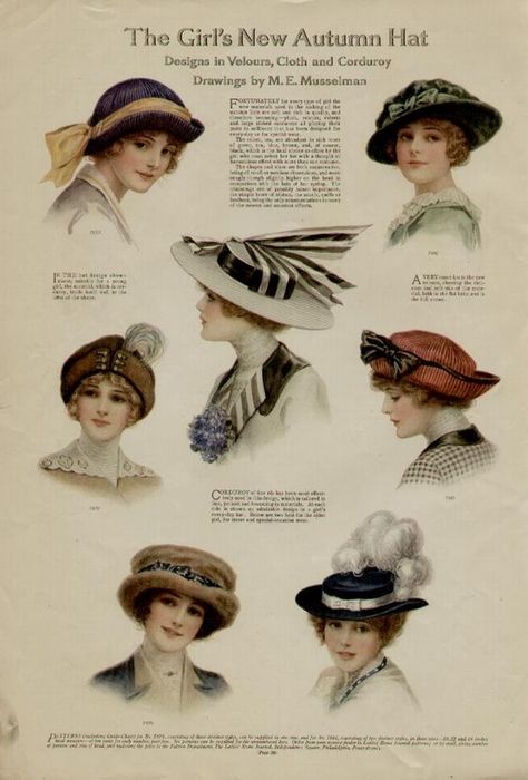 1913 ladies' hat fashions...examples of hats Sadie could pull out of her hat box and show off Victorian Era Hats, Music Man Costumes, Edwardian Hat, Historical Hats, 1910s Fashion, Victorian Hats, Food Inc, Antique Hats, 20th Century Fashion