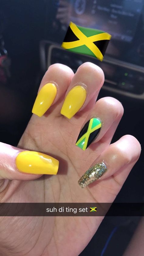 Black Green And Yellow Nails, Jamaican Nail Designs Nailart, Jamaican Style Nails, Jamaica Nail Designs Art Ideas, Jamaican Vacation Nails, Jamaican Theme Nails, Jamaica Theme Nails, Jamaican Flag Nails, Jamaican Inspired Nails