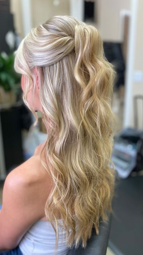 Modern Half Up Hairstyles, Long Layered Wedding Hair, Bridesmaid Hair Half Up High Pony, Simple Prom Hair For Strapless Dress, Hoco Blonde Hairstyles, Rehearsal Dinner Hair Half Up Half Down, Hair For Occasions, Blonde Hair Styles Prom, Wedding Hairstyles Half Up Half Down Ponytail