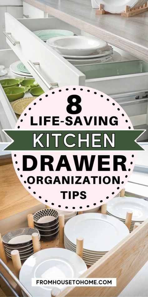 Want to get your kitchen organized without spending a lot of money? Try out these easy DIY kitchen drawer organizer ideas. Kitchen Drawer Organization Plates, Dishes Drawer Storage, Diy Dish Rack Cabinets, Deep Kitchen Cabinet Drawer Organization, Kitchen Draws Ideas Drawers, Organization For Kitchen Drawers, Kitchen Island Organization Drawers, Dish Organizer Ideas, Plate Drawer Organization