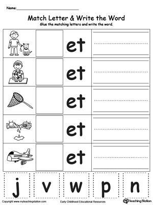 **FREE** ET Word Family Match Letter and Write the Word Worksheet. Topics: Writing, Phonics, Reading, Building Words, and Word Families. #MyTeachingStation Reading Preschool, Word Families Printables, Kindergarten Word Families, Color Worksheet, Cvc Words Worksheets, Word Family Activities, Write The Word, Reading Phonics, Word Family Worksheets