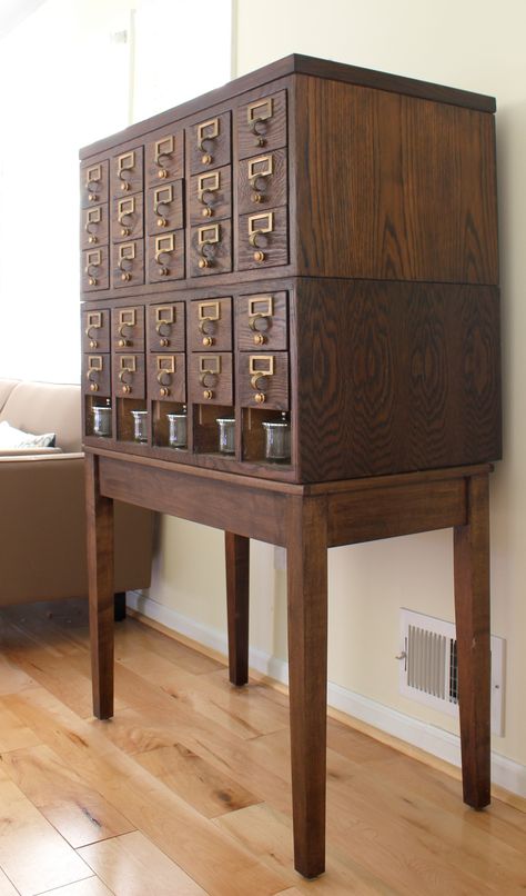 Vintage library card catalog makeover. {This cabinet makes the perfect craft storage solution!} Library Card Catalog Cabinet, Refinish Wood Furniture, Card Catalog Cabinet, Craft Storage Cabinets, Library Cabinet, Library Card Catalog, Staining Furniture, Deco Studio, Card Catalog