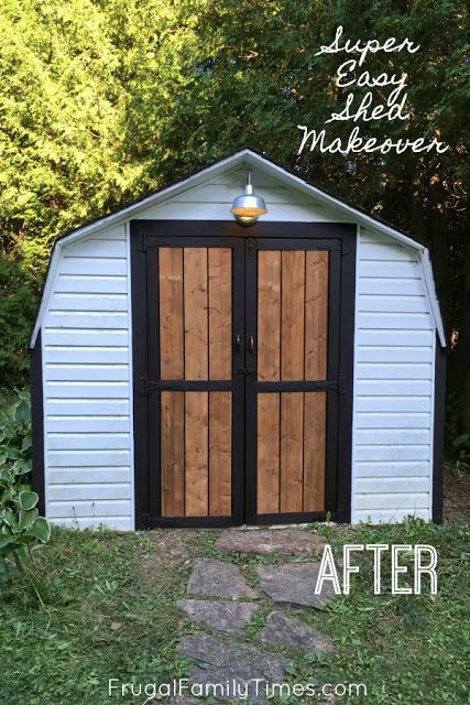 From f'ugly to farmhouse shed makeover on a budget! The projects at our mobile home makeover continue - this time we redo our bizarre shed by giving it new paint and a natural wood look on the doors with an affordable barn style light. A pretty cheap transformation! #howto #diy #shed #outdoorproject #makeover #farmhouse #cottage #cabin Old Shed Makeover, Farmhouse Shed, Farmhouse Sheds, Shed Makeover, Mobile Home Makeover, Easy Home Improvement Projects, Baby Barn, Shed Doors, Room Makeovers