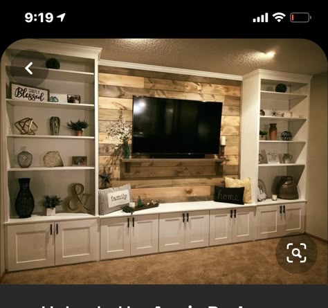 Built In Media Cabinet Ideas, Built In Entertainment Center Decor, Media Room Design Ideas, Bookcase With Tv In Middle, Tv Wall Design With Storage, Built In Wall Shelves Living Room, Built In Bookshelves Around Tv, Big Tv Wall Ideas Living Room, Built In Entertainment Unit