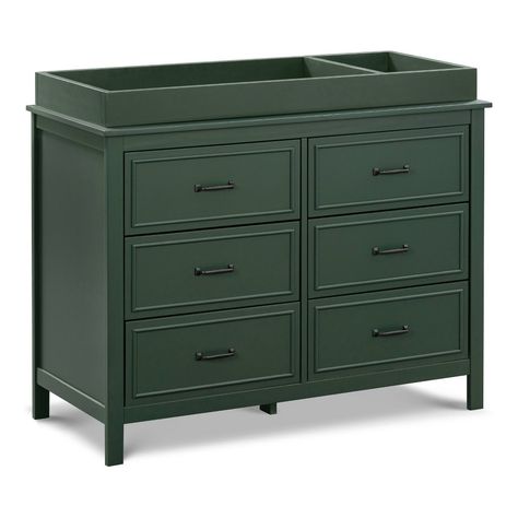 The DaVinci Charlie 6-Drawer Dresser is the perfect accent piece for your nursery or any room in your home. It features six drawers with generous storage capacity and classic metal pulls. With its timeless design, this dresser will complement any bedroom furniture. Also available in this collection: DaVinci Charlie 3-Drawer Dresser. Green Changing Table Dressers, Change Station Nursery, Dresser With Changing Table On Top, Forest Green Nursery, Clothing Room, Dresser Nursery, Matching Dressers, Changing Table Topper, Green Dresser