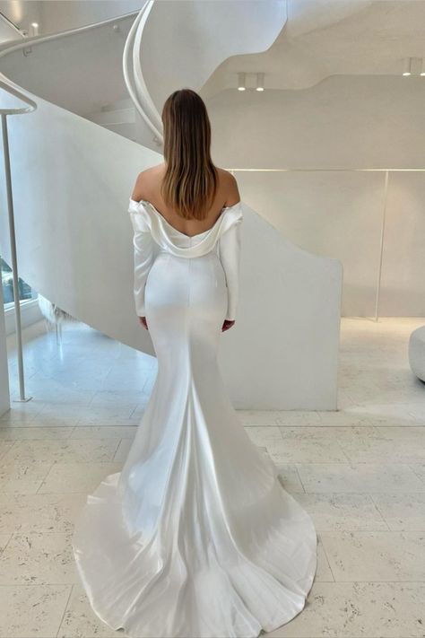 Love this mermaid silk satin wedding gown, off the shoulder with long sleeves ! Satin Mermaid Wedding Dress, Long Wedding Dress, Mermaid Silhouette, Lace Mermaid Wedding Dress, Long Wedding Dresses, Wedding Dress Styles, Mermaid Dresses, Wedding Dresses Simple, Mermaid Wedding