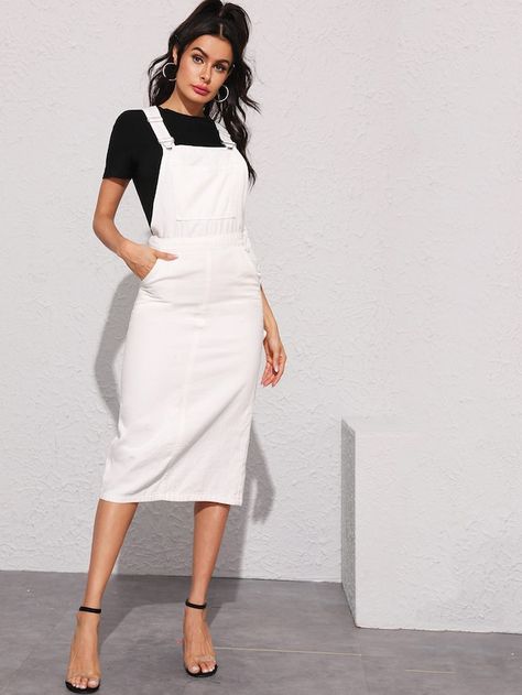 White Wash Split Back Denim Dungaree Dress | SHEIN Dungarees Outfit Dresses, Dungaree Outfit, Denim Dungaree Dress, Denim Dungaree, Butterfly Sleeve Dress, Overall Skirt, Dungaree Dress, Salwar Designs, Denim Dungarees