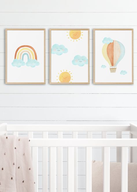 Toddler Boy Room Wall Art, Newborn Wall Art, Nursery Canvas Art Diy, Baby Boy Nursery Artwork, Balloon Sun, Boy Nursery Artwork, Baby Room Artwork, Watercolor Nursery Art, Nursery Drawings