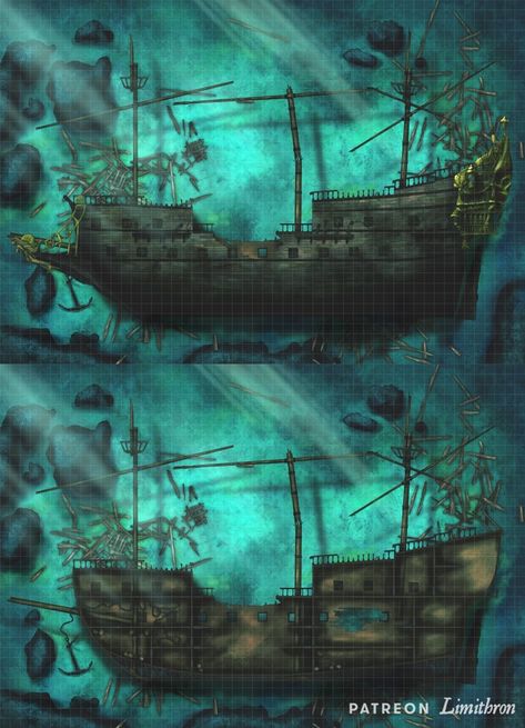 Capsized Galleon [52x36] |  Limithron auf Patreon Underwater Structures, Underwater Shipwreck, Dnd Locations, Sea Map, Sunken City, Ship Map, Dnd World Map, Fantasy Town, Fantasy World Map