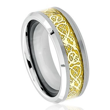 Custom Made Men's Tungsten Shiny Beveled Edge With Golden Celtic Dragon Cut-Out Inlay  - 8mm Hairstylist Outfits, Celtic Knot Dragon, Comfort Fit Wedding Band, Celtic Dragon, Tungsten Carbide Wedding Bands, Celtic Wedding Rings, Rings Mens Wedding Bands, Dragon Ring, Ringe Gold