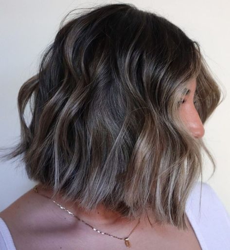 Brown Bob With Balayage, Ash Brown Balayage Short Bob Hairstyles, Short Cool Tone Brown Hair, Mushroom Brown Hair Color Balayage Short, Balayage For Dark Brown Hair Ashy, Short Mushroom Brown Hair, Mushroom Brown Hair Color Short, Dark Bob With Highlights, Brown Hair For Cool Skin Tone