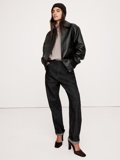 Oversized Leather Bomber Jacket | Banana Republic Edgy Jacket, Leather Jacket Outfits, Outfit Inspo Fall, Fall Jackets, Black Leather Jacket, Jacket Design, Leather Jackets Women, Fall 2024, Work Fashion