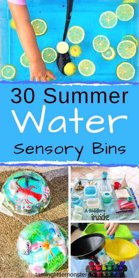 Cool down these summer holidays with 30 of the coolest water based sensory bins. These sensory activities are fantastic for babies, toddlers and preschoolers who need to strengthen fine motor skills, and learn through play.  #sensory #summer #babies #toddlers #preschoolers #finemotor Summer Toddler Sensory Activities, Water Sensory Play Preschool, Water Sensory Activities Preschool, Summer Sensory Bin Kindergarten, Water Play Activities For Preschoolers Sensory Table, Outdoor Water Sensory Play, Preschool Summer Sensory Bin, Diy Water Sensory Bin, Kiddie Pool Sensory Ideas