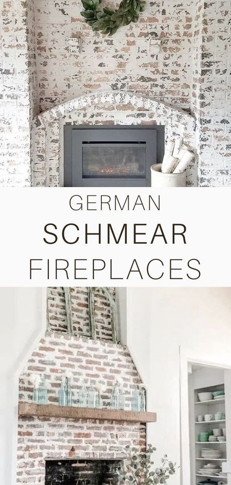 German Schmear Fireplace, Fireplace Mortar, White Wash Fireplace, Exposed Brick Fireplaces, Fireplace Makeovers, White Wash Brick Fireplace, German Schmear, Red Brick Fireplaces, White Brick Fireplace