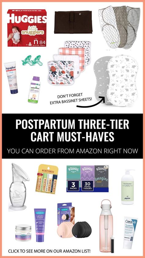 A list of postpartum items for mom and baby including diapers, pacifiers, swaddles, breast pads, chapstick, water bottle and hand lotion. New Mom Bedside Basket, New Mom Bedside Cart, New Mom Organization, Post Partum Bedside Cart, Bedside Baby Cart, Postpartum Cart Bedside, Postpartum Bedside Cart, Postpartum Cart Organizer, Postpartum Bedside