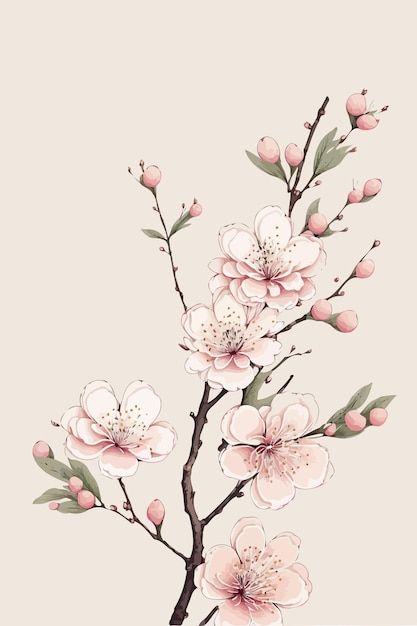 Cherry Tree Branch Drawing, Sakura Blossom Drawing, Peach Tree Tattoo Branches, Sakura Sketch Flower, Sakura Illustration Flower, Cherry Blossom Branch Drawing, Plum Blossom Drawing, Flower Tree Drawing, Sakura Flower Drawing