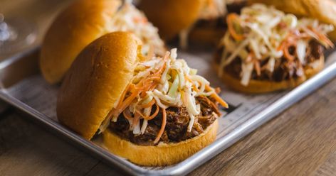 Pulled pork with barbecue sauce isn't just a dish — it's a technique. Rootbeer Pulled Pork, Pork Sandwich Recipes, Beer Pulled Pork, Shredded Buffalo Chicken, Bbq Pulled Pork Sandwiches, Barbecue Pulled Pork, Apple Slaw, Pork Sliders, Cole Slaw