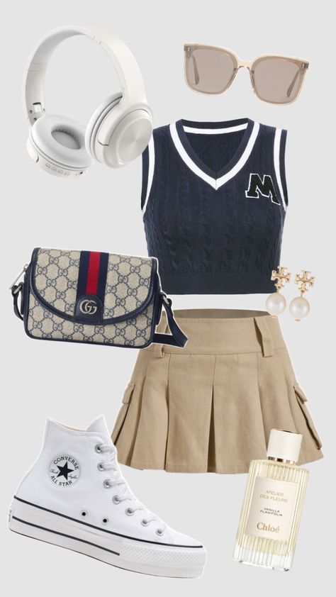 Outfit Inspo! #outfitinspo #outfit #outfitideas #style #fashion #fashioninspo #preppy #preppyaesthetic #school #schoolfit #aesthetic #cute #girly #sporty #summer #beige #navyblue #trendygirlaesthetic Girly Sporty Outfits, Casual Sporty Outfits, Sporty Summer, Aesthetic Cute, Sporty Outfits, Kpop Fashion Outfits, Cute Simple Outfits, Performance Outfit, Classic Outfits