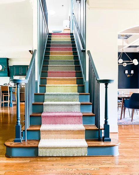 Stair Runner Carpet Colorful, Stair Runner Colorful, Rainbow Stair Runner, Painted Stairs Runner, Painted Staircase With Runner, Painted Stair Runner, Colorful Stair Runner, Stair Runner With Landing, Stair Runner Diy