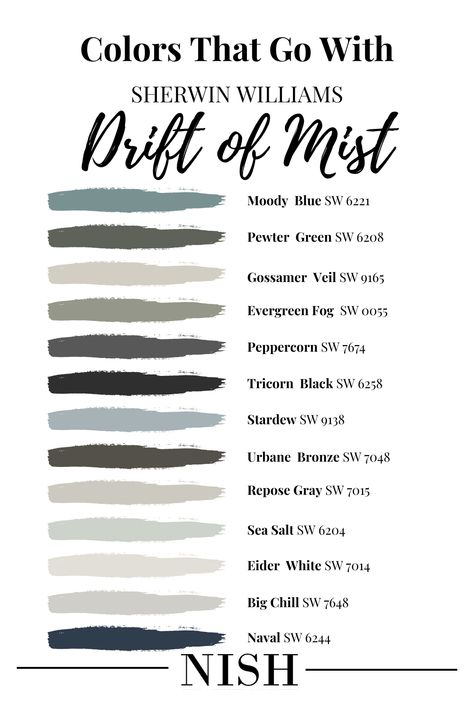 Drift Of Mist Paint Color, Coordinating Colors With Drift Of Mist, Sherwin Williams Drift Of Mist Coordinating Colors, Drift Of Mist Living Room, Drift Of Mist Sherwin Williams Coordinating Colors, Sw Drift Of Mist Coordinating Colors, Drift Of Mist Color Palette, Colors That Go With Drift Of Mist, Drift Of Mist Exterior House