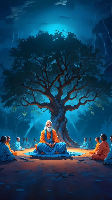 Guru Purnima wallpaper, guru teaches students at full moon day background Guru And Student, Rishi Muni, Full Moon Day, Blue Gradient Background, Technology Painting, Moon Day, Attractive Wallpapers, God Wallpaper, Ancient Words