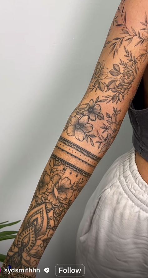 Tattoo Sleeves For Women Minimal, Boho Arm Sleeve Tattoo, Scattered Tattoos Sleeve Women Arm, Forearm Bracelet Tattoo Women, Women’s Arm Sleeve, Mandala And Flower Tattoo Sleeve, Women Half Sleeve Tattoo Classy, Under Arm Tattoo, Women Arm Sleeve