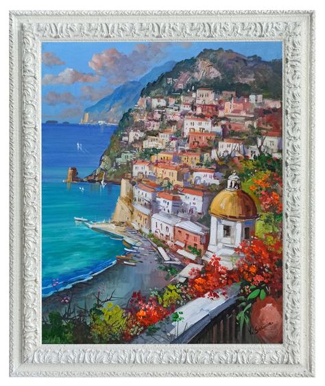 Positano Painting, Italian Wall Decor, Baroque Frames, Italian Paintings, Italy Landscape, Italy Painting, Italian Landscape, Italian Painters, Southern Italy