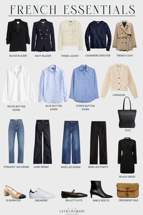 Key pieces part of the French Wardrobe Essentials List. Here are the items to own to look chic, stylish, and classic like French women. Minimalist French Wardrobe, Fall French Outfits Women, Polished Style Outfits, Key Pieces For Wardrobe, French Fashion Winter, French Essentials, French Winter Outfits, Capsule Wardrobe French Style, Capsule Wardrobe French