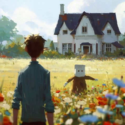 A man looking at a scarecrow in a flower field  in front of a house, a storybook illustration by Nathan Oliveira, featured on pixiv, american scene painting, storybook illustration, official art, detailed painting House Digital Painting, The Scarecrow, Dreamy Art, Environment Concept Art, Environmental Art, Art Background, Scarecrow, Art Reference Photos, Cartoon Art Styles