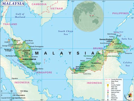 Map Of Malaysia, Malaysia Map, Highway Map, Kuala Terengganu, Sandakan, Interstate Highway, Physical Map, Kota Bharu, Physical Geography