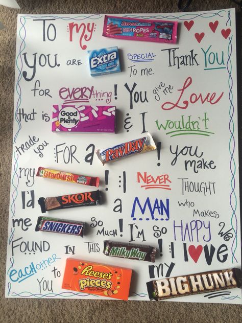 Fun and sweet candy board I made for my boyfriend for our anniversary! Super cheap and easy to do! You can also use other posters to put together your own. Diy Christmas Cards For Boyfriend, Candy Poster Board, Candy Bar Sayings, Candy Bar Poster, Candy Bar Posters, Anniversary Poster, Candy Board, Candy Grams, Candy Poster