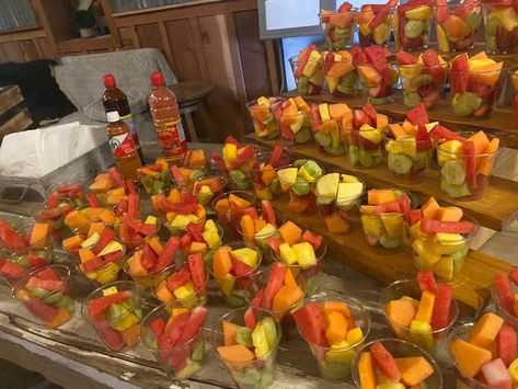 Freshly cut fruit cups with chamoy and tajin Fruit And Chamoy Bar, Tajin Fruit Cups, Chamoy Fruit Cups, Chamoy Fountain Bar, Mexican Fruit Bar, Fruit Cups For Party Mexican, Mexican Fruit Cups Chamoy, Tajin Fruit, Taco Bar Catering