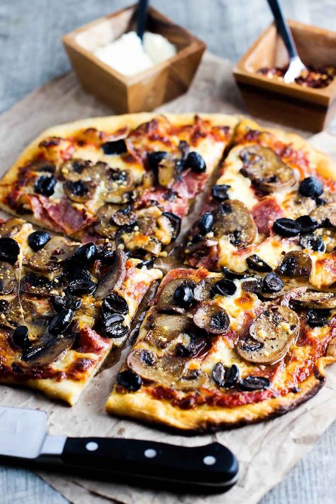 This Soppressata, Mushroom and Black Olive Pizza recipe is about as good as they come. The homemade pizza dough and sauce puts this pizza off the charts. Semolina Pizza Dough, Black Olives Recipes, Olive Pizza, Pizza Oven Recipes, Amazing Cookies, Flat Breads, Olive Recipes, Homemade Pizza Dough, Flatbread Pizza